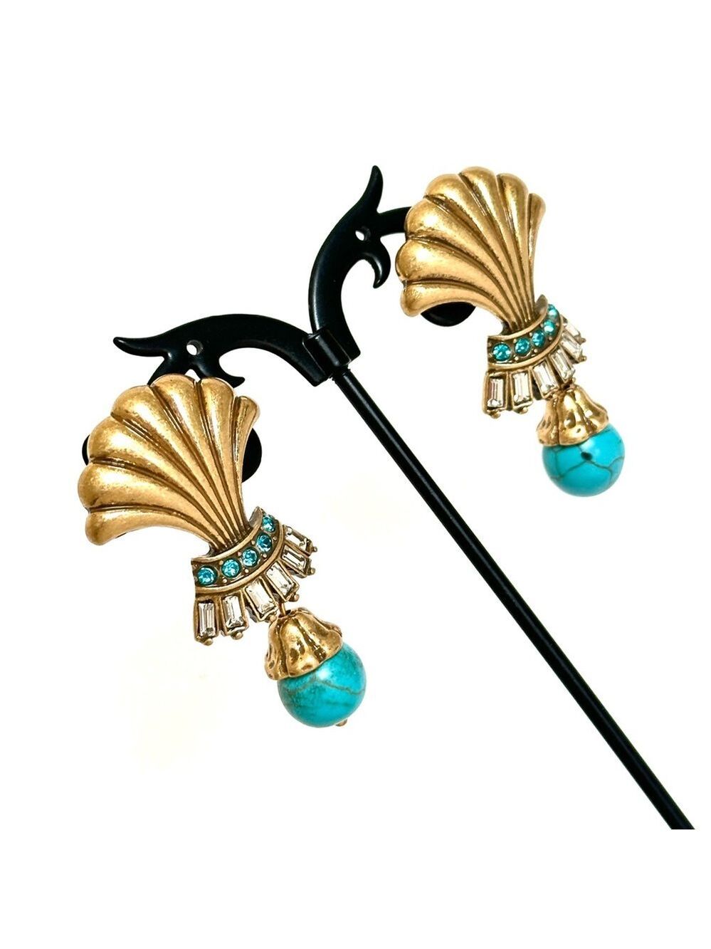 KRAMER Vintage Turquoise & Crystal Brushed Gold-Tone Shell Drop Earrings | NEW - Picture 6 of 9